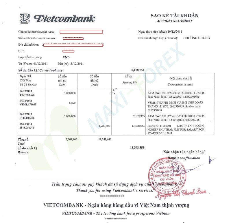 Mẫu sao kê tài khoản ngân hàng Vietcombank